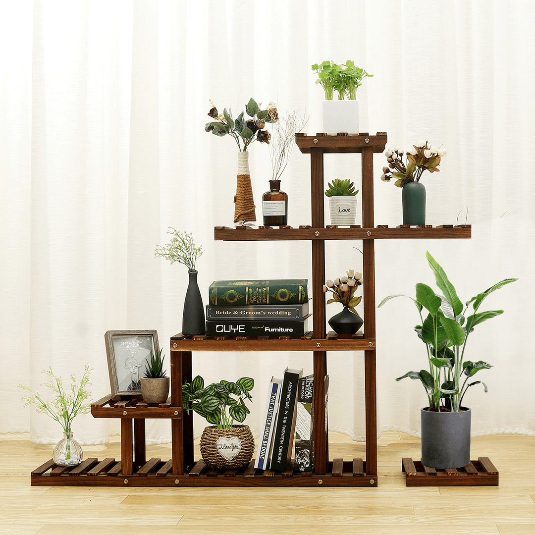TOOCA Wood Plant Stand Indoor/Outdoor Plant Flower Pot Stand Multiple Tier Plant Display Rack Holder Steady Vertical Carbonized Shelves for Patio Livingroom Balcony Garden Yard - Trendha