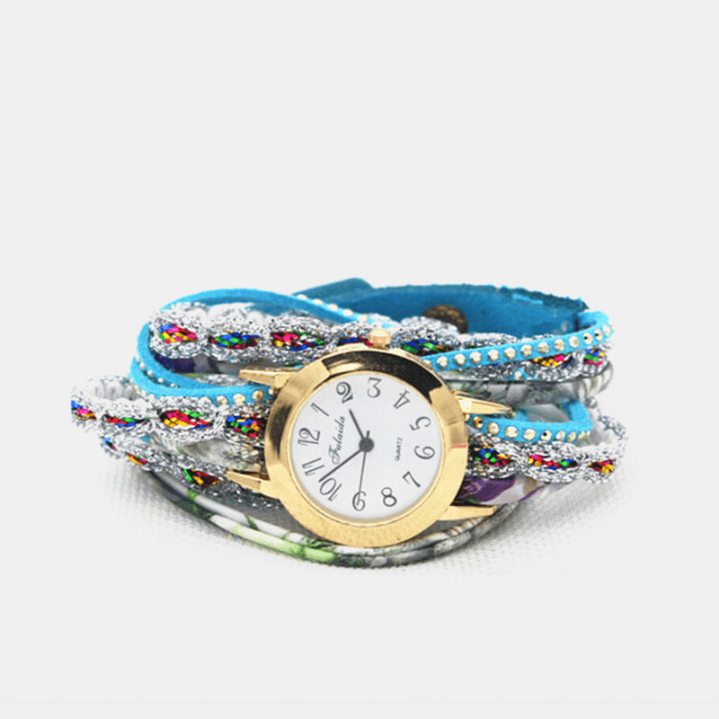 Deffrun Vintage Colorful Printing Women Bracelet Watch Multi-Layer Metal Rhinestone PU Quartz Watch - Trendha