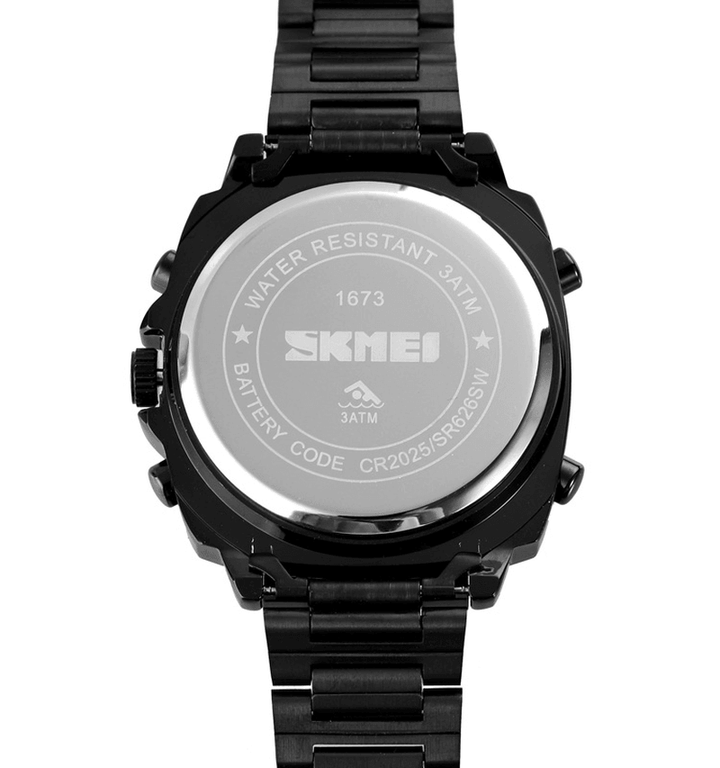 SKMEI 1673 Fashion LED Light Digital Watch Stainless Steel Strap 3ATM Waterproof Men Dual Display Watch - Trendha