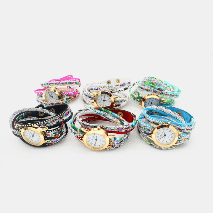Deffrun Vintage Colorful Printing Women Bracelet Watch Multi-Layer Metal Rhinestone PU Quartz Watch - Trendha