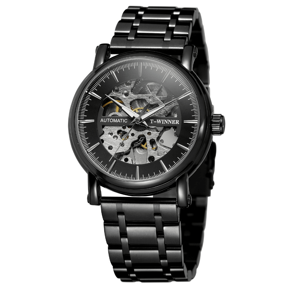 Alloy Automatic Mechanical Watch Full Steel Fashion Hollow Business Men Watch - Trendha