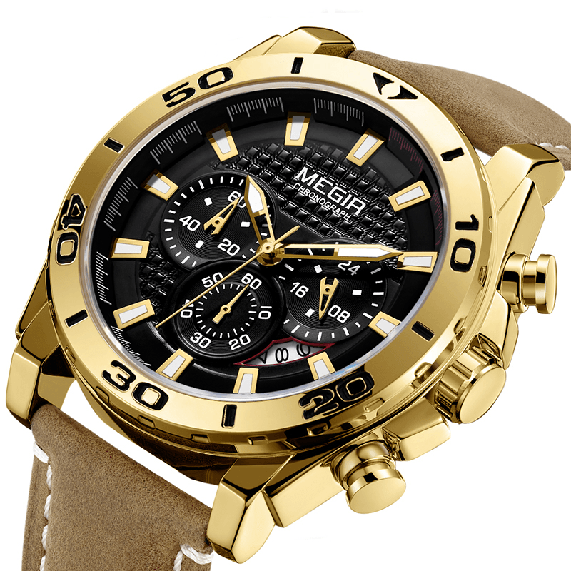 MEGIR 2094 Luxury Leather Band Calendar Luminous Men Wrist Watch Quartz Watch - Trendha