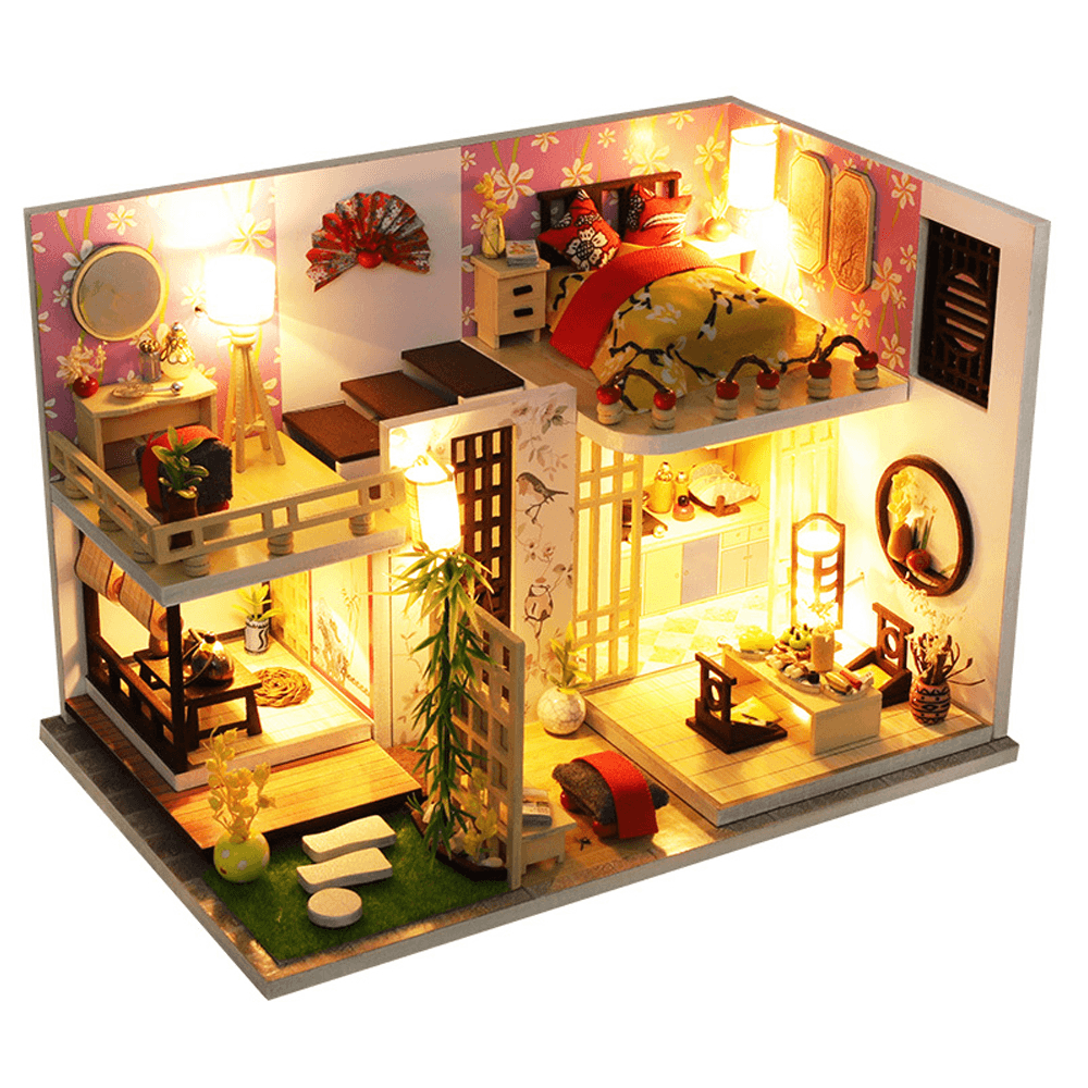 Wooden Japan Style Bamboo Maple House DIY Handmade Assembly Doll House Miniature Furniture Kit with LED Light Toy for Kids Birthday Gift Home Decoration - Trendha