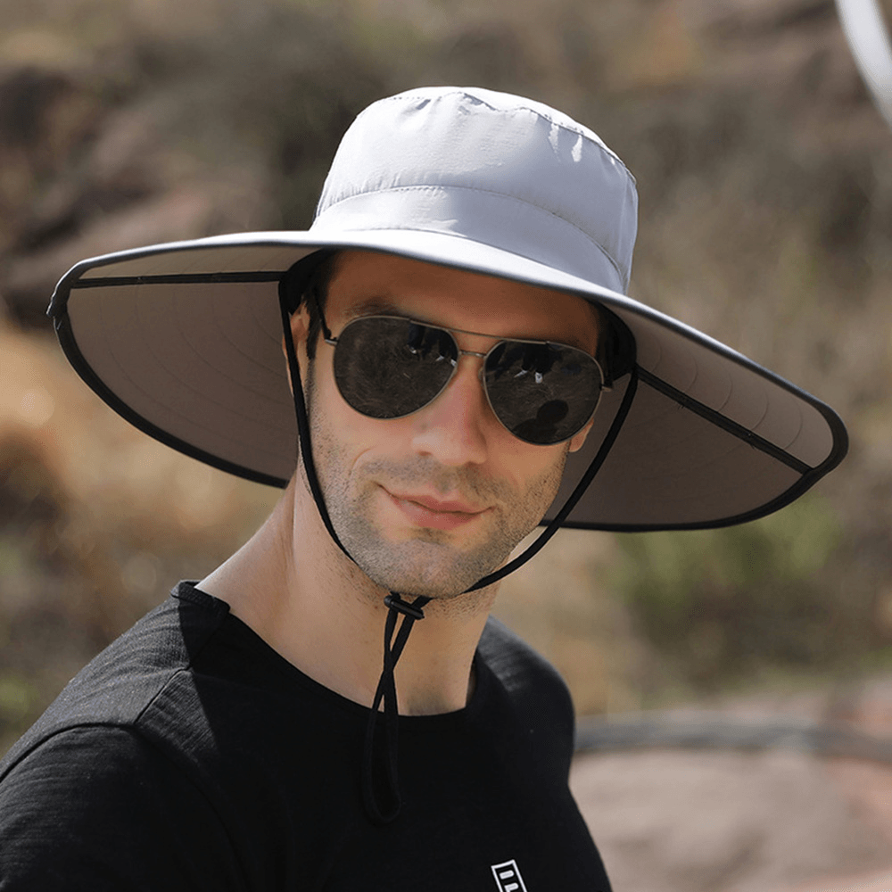Men Solid Foldable Sunshade Hat Bag Brim Windproof Rope Summer Outdoor Mountaineering Suncreen Bucket Hat - Trendha