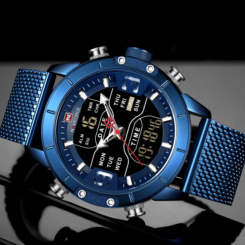 NAVIFORCE 9153 Business Style LED Dual Digital Watch Waterproof Full Steel Quartz Watch - Trendha