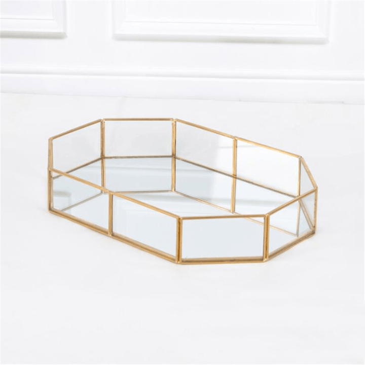 2 Size Mirror Glass Tray Octagon Cosmetic Makeup Desktop Organizer Jewelry Display Stand Holder - Trendha
