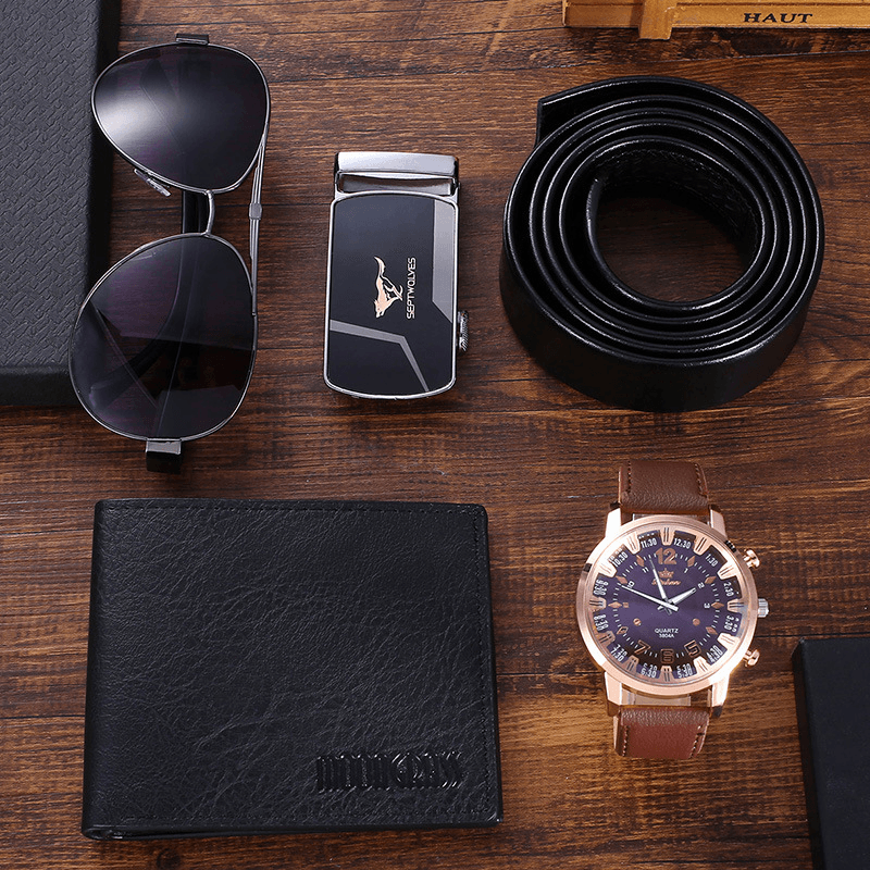 4Pcs/ Set Men Wristwatch Set PU Leather Strap Quartz Watch + Sunglasses + Belt + Wallet Business Gift - Trendha