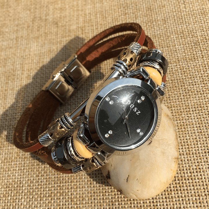 Deffrun Vintage Multilayer Men Bracelet Watch Adjustable Band Alloy Case Dial Quartz Watch - Trendha