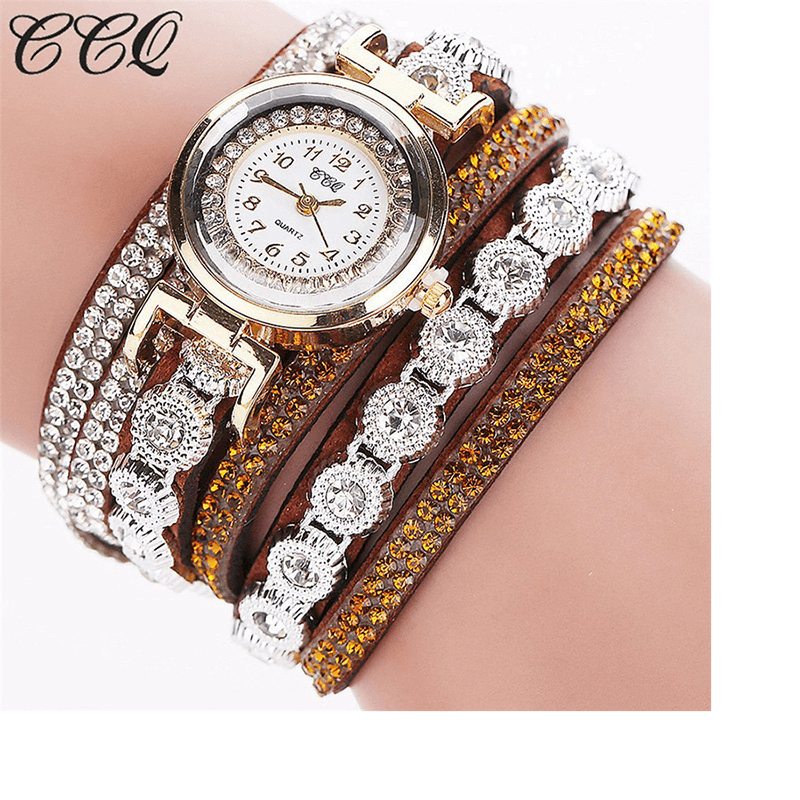 CCQ Fashion Luxury Rhinestone PU Leather Band Women Quartz Bracelet Watch - Trendha