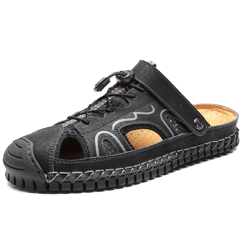 Men Cowhide Leather Two-Ways Breathable Closed Toe Non Slip Casual Outdoor Sandals - Trendha