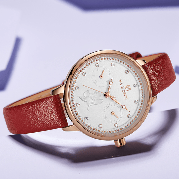 NAVIFORCE 5003 Diamonds Elegant Design Ladies Wrist Watch Genuine Leather Strap Quartz Watch - Trendha