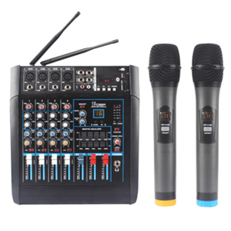 PMX-402D Audio Mixer DJ Equipment Power Amplifier with 2 Wireless Microphone Monitoring BT KTV Karaoke USB XLR 6.5MM SD - Trendha
