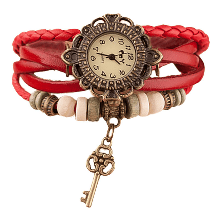 Vintage Multilayer Key Pendant Leather Strap Women Quartz Watch Bracelet Watch - Trendha
