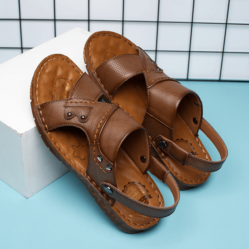 Men Cowhide Leather Opened Toe Non Slip Beach Casual Outdoor Sandals - Trendha