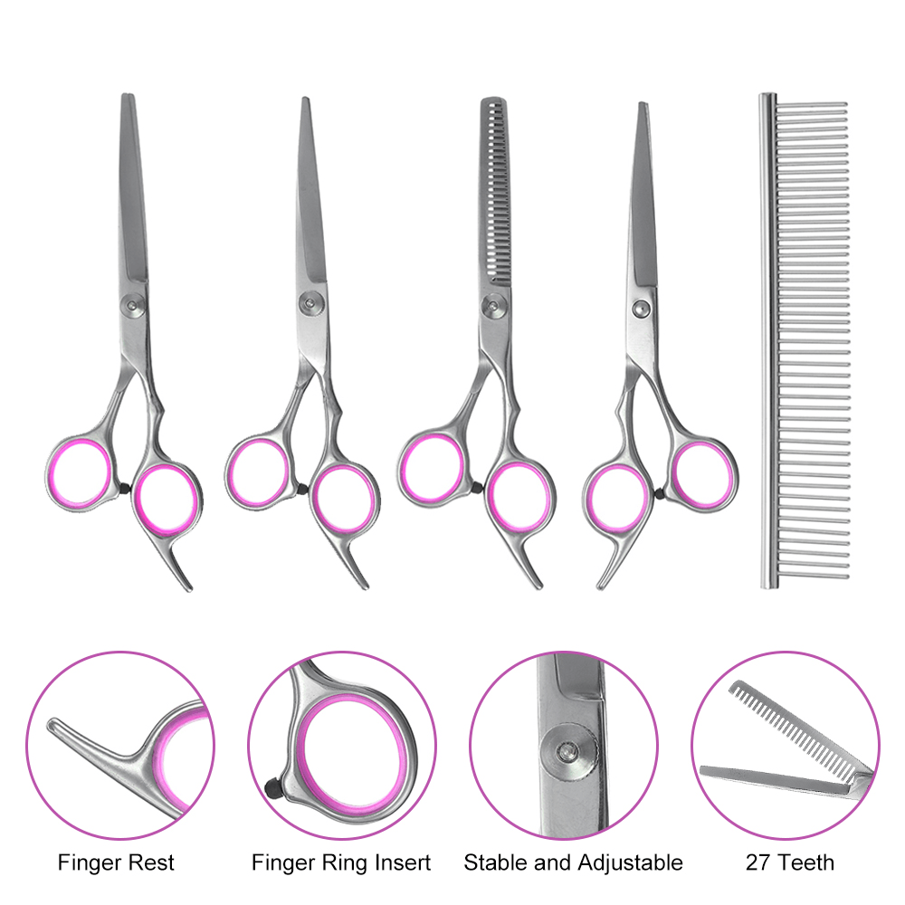 6Pcs Stainless Pet Dog Cat Hair Grooming Scissors Cutting Curved Thinning Shears - Trendha