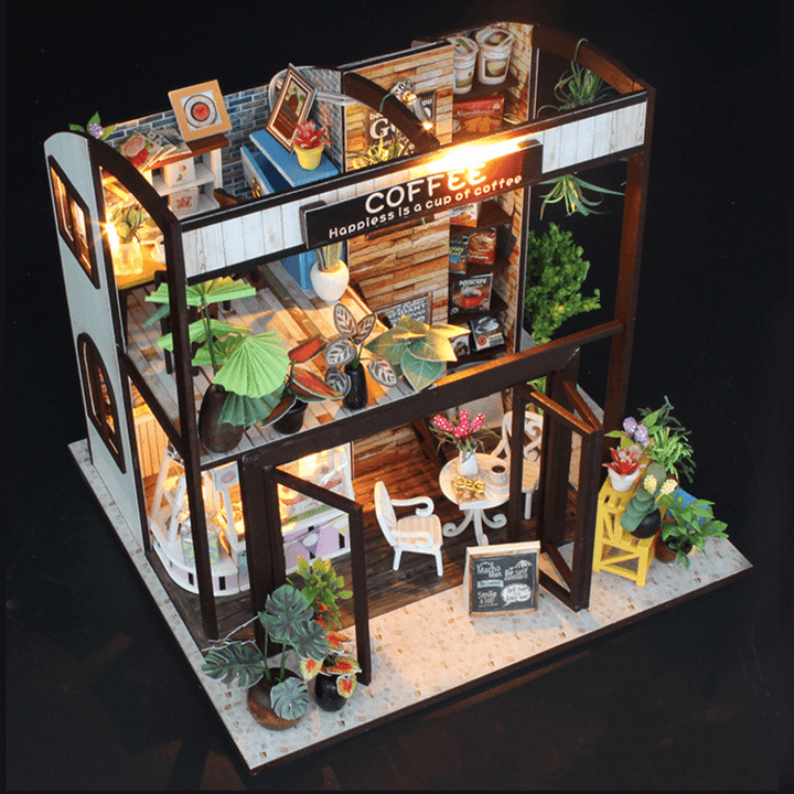 Handcraft DIY Doll House Time Cafe House Wooden Miniature Furniture LED Light Gift - Trendha