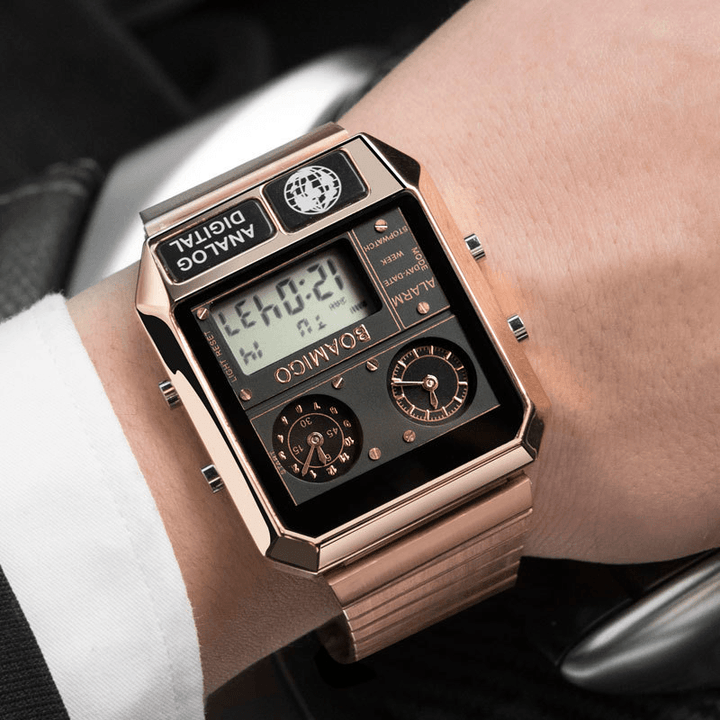 BOAMIGO F928 Fashion Men Digital Watch Date Week Display Chronograph 3 Time Zone Waterproof LED Dual Display Watch - Trendha