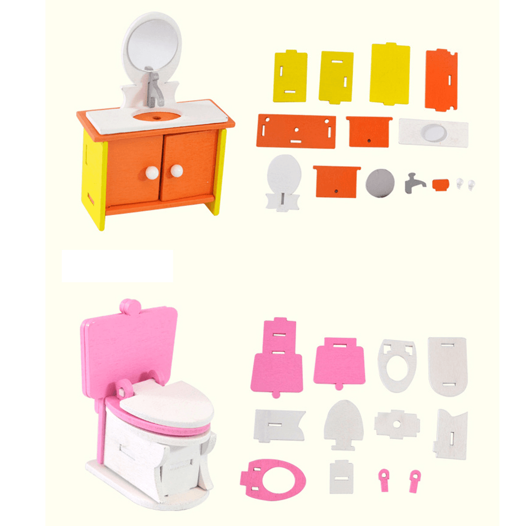 Wooden Colorful DIY Assembly Doll House Furniture Kit Early Educational Learning Toys for Kids Gift - Trendha