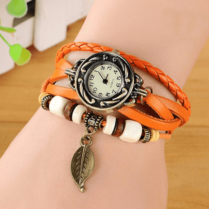 Fashion Ethnic Style Leaf Pattern PU Leather Strap Women Bracelet Watch Quartz Watch - Trendha