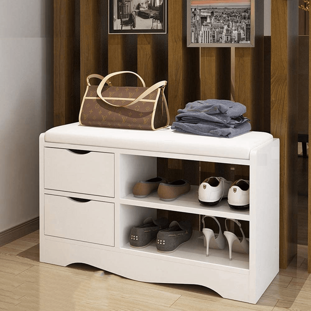 2 Layers Shoe Rack Shoes Bench Storage Cabinet Shoe Organizer Multifunctional Wooden Seat Stool with 2 Drawers - Trendha