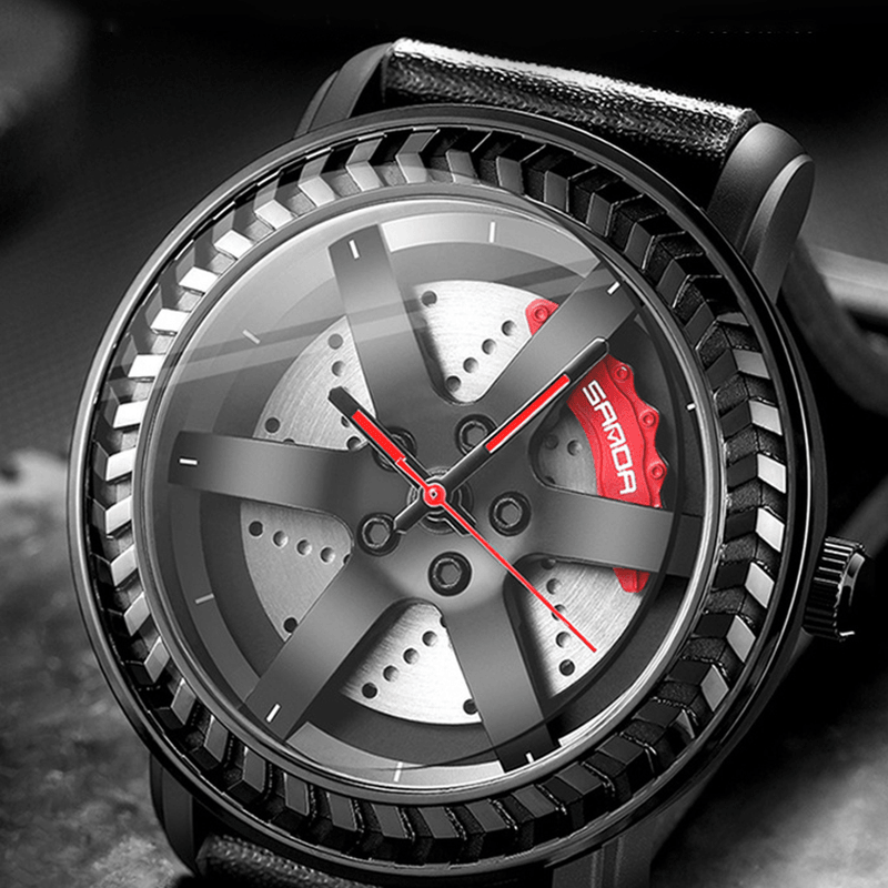 SANDA P1050 Casual Wheel Pattern 3D Stereoscopic Hollowed-Out Design Genuine Leather Strap Waterproof Men Quartz Watch - Trendha