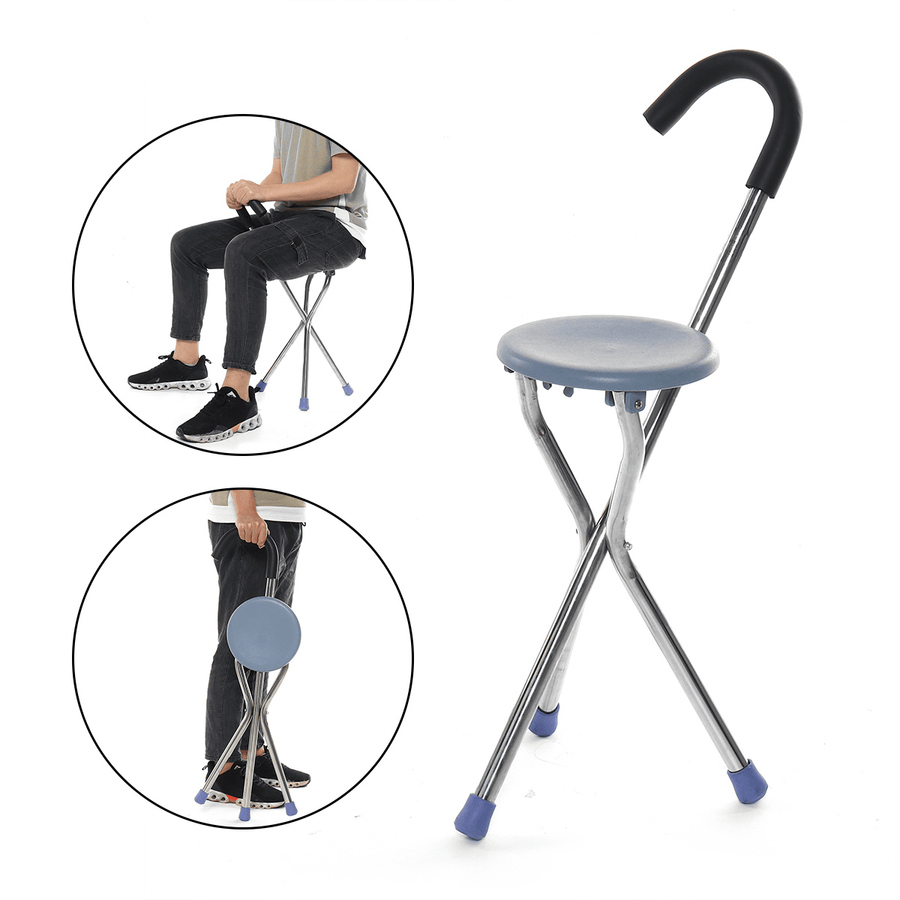 Stainless Steel Folding Tripod Cane Hiking Chair Portable Walking Stick with Seat - Trendha