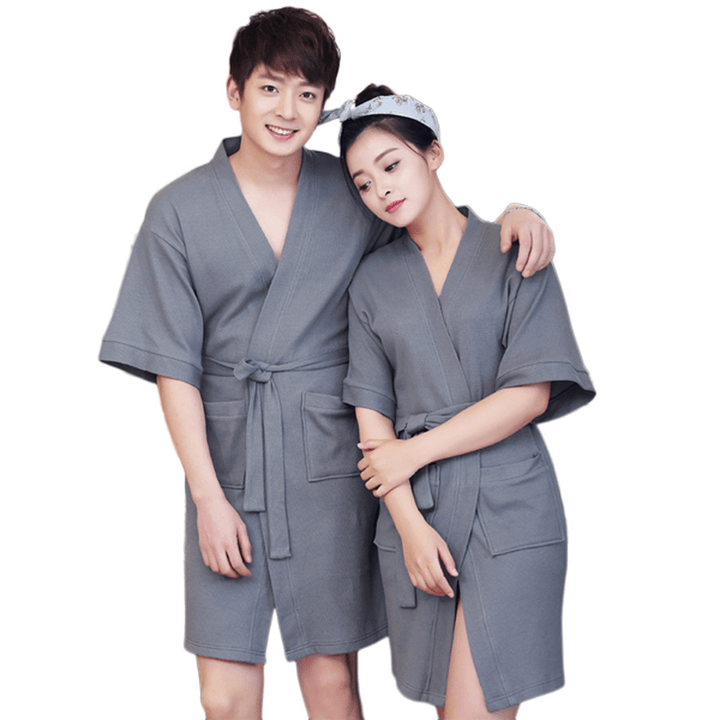 Honana BX-988 Towel Bathrobe Dressing Gown Unisex Men Women Solid Cotton Couple Waffle Sleep Lounge - Trendha