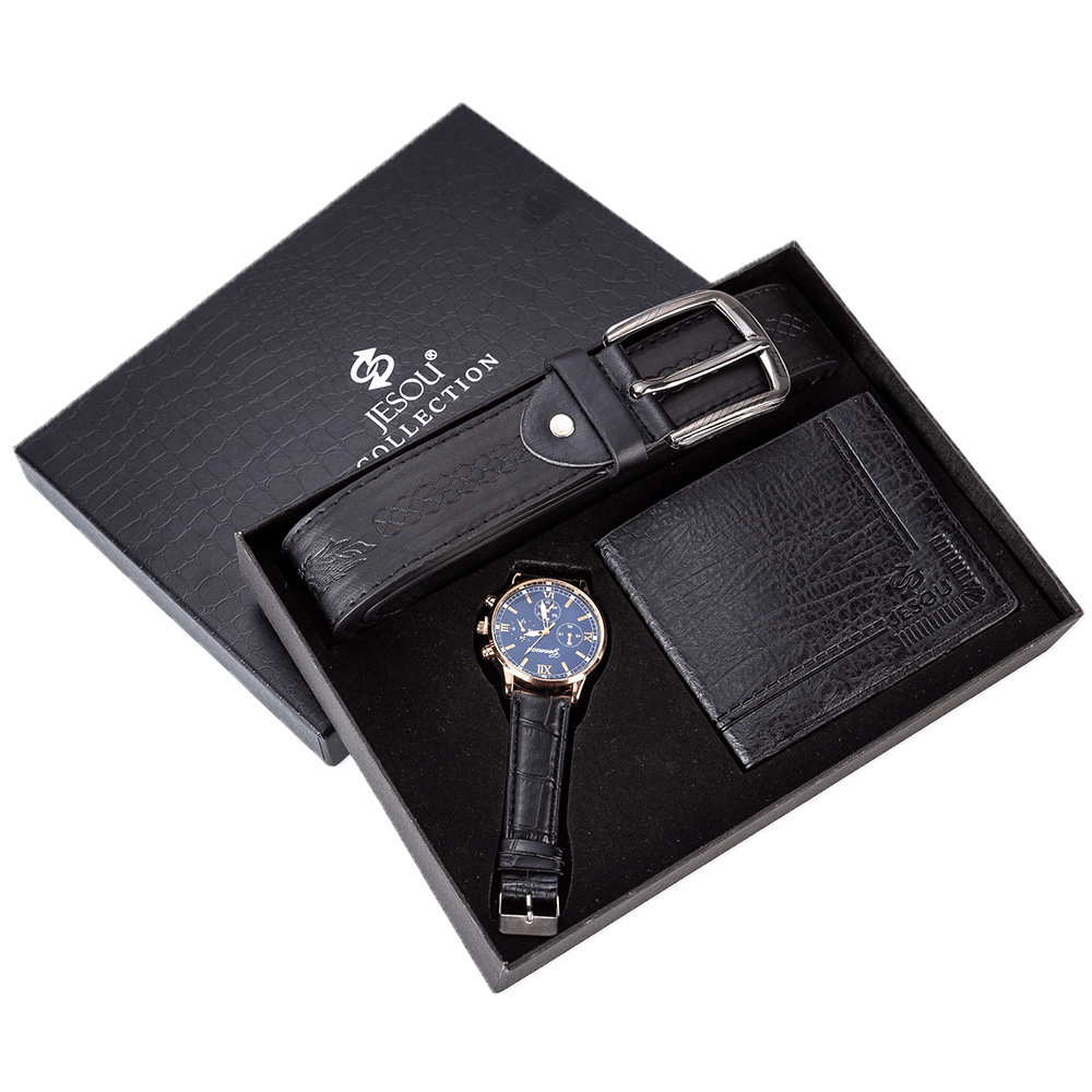 XSVO 3Pcs Men Gift Set Classic Business Leather Wristband Male Quartz Watch Folding Wallet Belt - Trendha