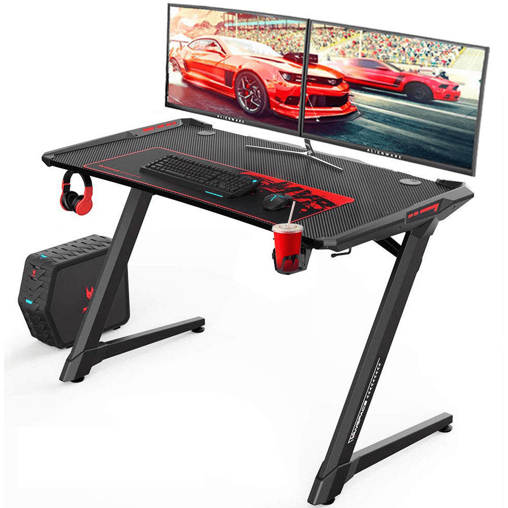 VANSPACE GD01 47 Inch Ergonomic Gaming Desk with RGB LED Light Mouse Pad Z-Shape Office Desk PC Computer Laptop Desk Racing Gaming Table Gamer Workstation with Cup Holder&Headphone Hook Cable Manageme - Trendha