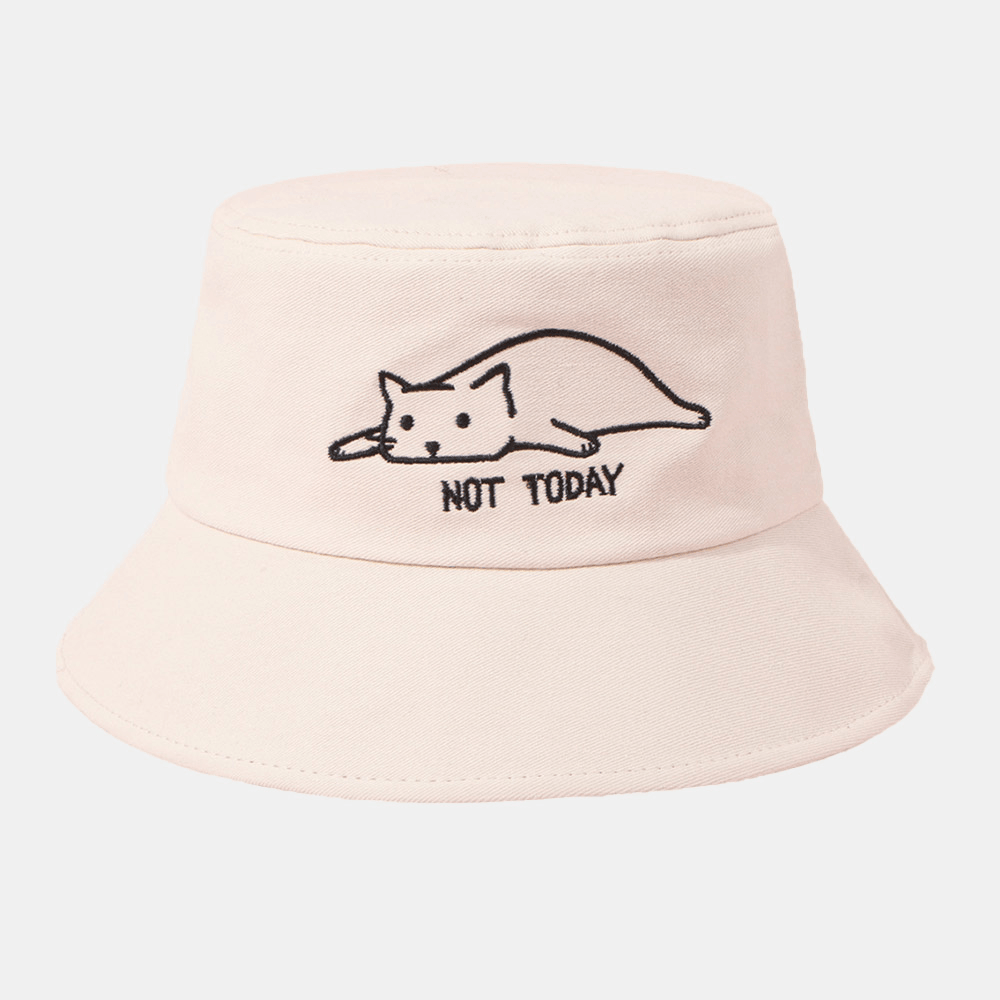 Unisex Cotton Solid Color Bucket Hat Letters Cartoon Cat Embroidery Simple Summer Travel Beach Hat - Trendha