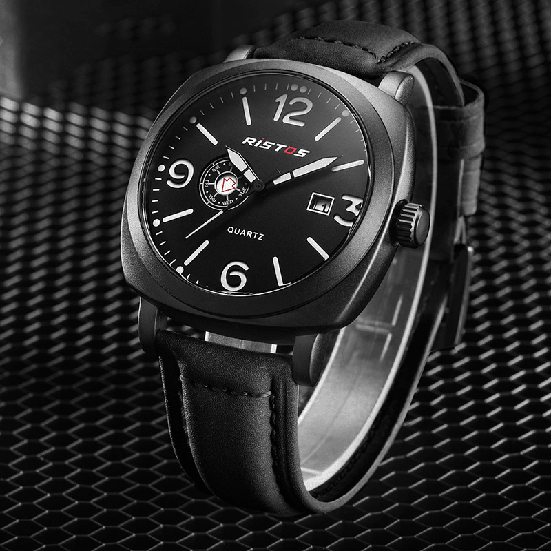 Ristos 9336 Business Style Male Wristwatch Calendar Leather Band Quartz Watch - Trendha