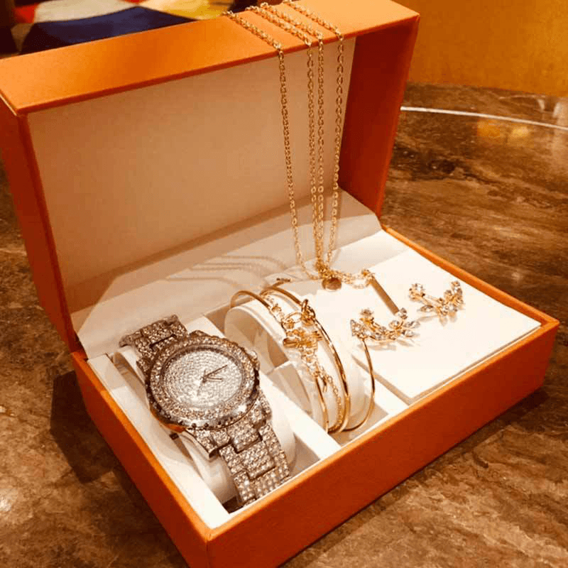 4Pcs Luxury Women Watch Set Inlaid Diamond Rhinestone Quartz Watch Leaf Bracelet Set Necklace Earrings Necklace Jewelry Kit - Trendha