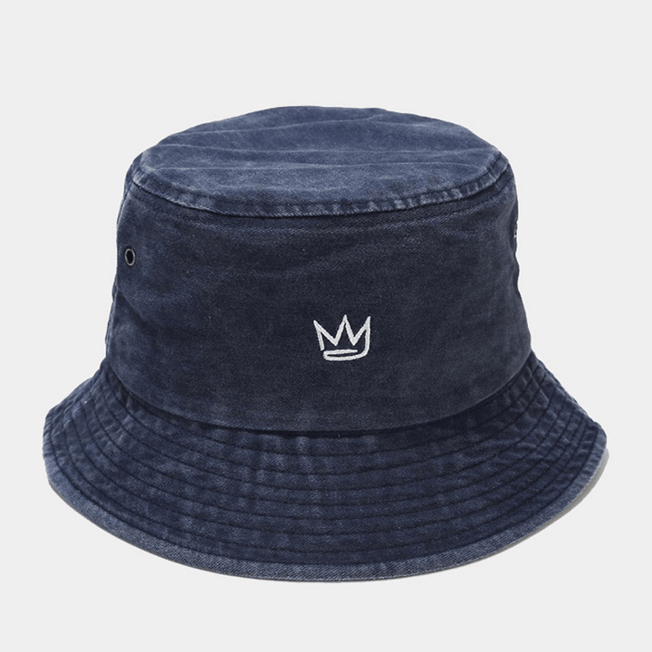 Unisex Washed Made-Old Bucket Hat Cotton Crown Pattern Embroidery Simple Sunshade Hat - Trendha
