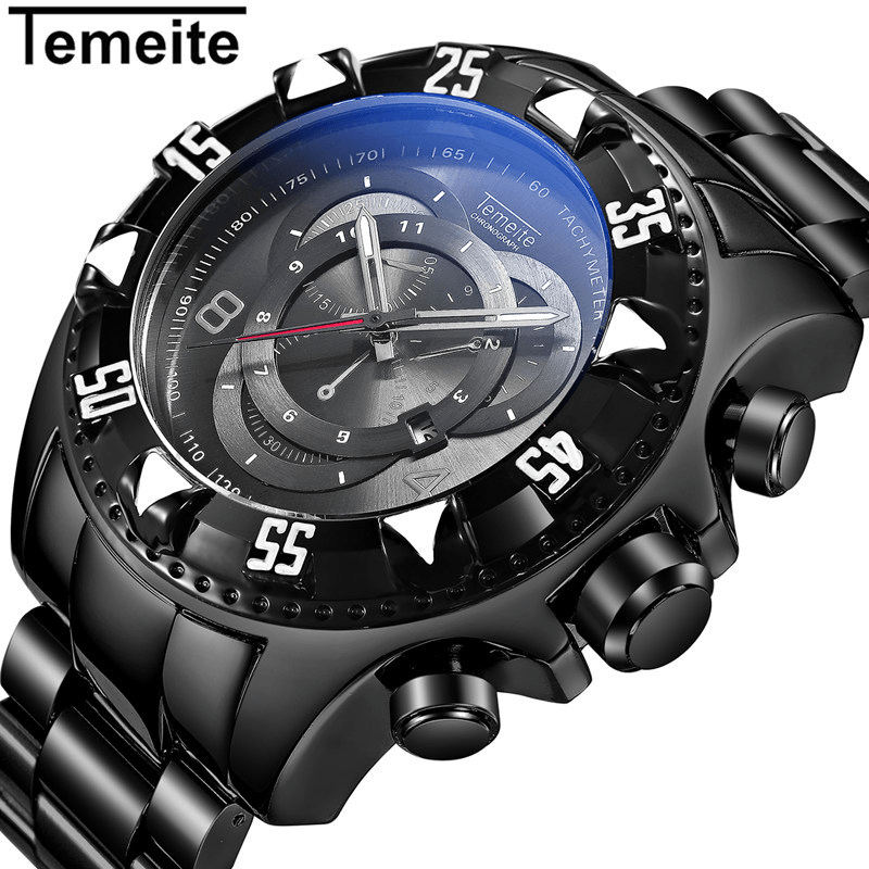 TEMEITE 020G Men Watch Business Waterproof Luminous Stainless Steel Calendar Three-Eyes Quartz Watch - Trendha