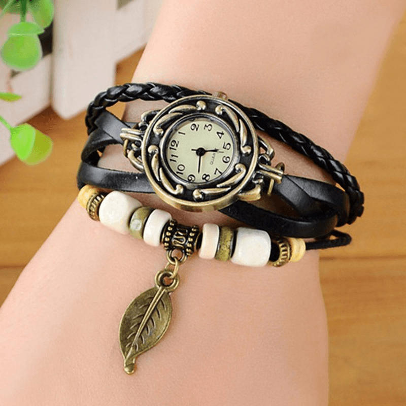 Fashion Ethnic Style Leaf Pattern PU Leather Strap Women Bracelet Watch Quartz Watch - Trendha