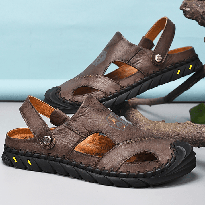 Men Anti-Collision Toe Cow Leather Hand Stitching Outdoor Water Sandals - Trendha