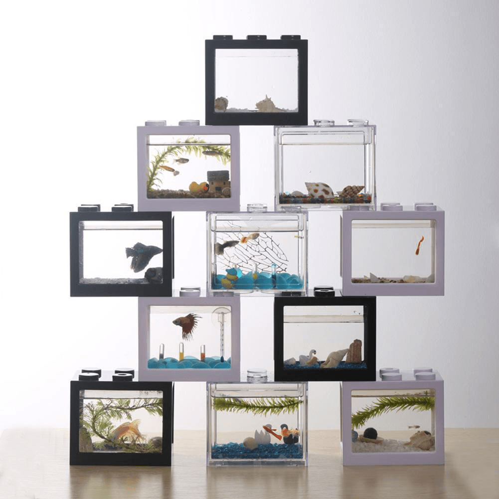 Colorful Clear Mini Fish Tank Aquarium LED Light Office Desktop Ornament Decor - Trendha