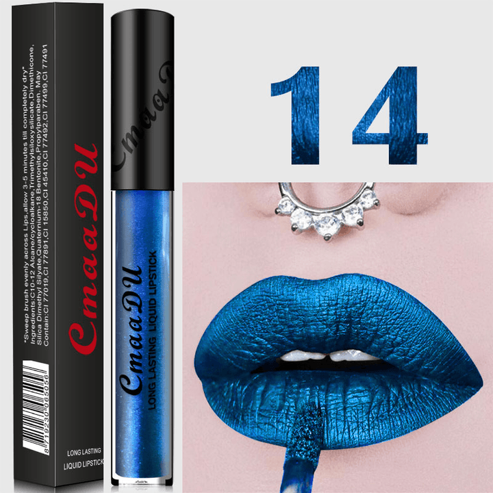 Cmaadu Metal Matte Lip Gloss Makeup Lipstick Sexy Sequin Waterproof Long Lasting Blue Cosmetic - Trendha