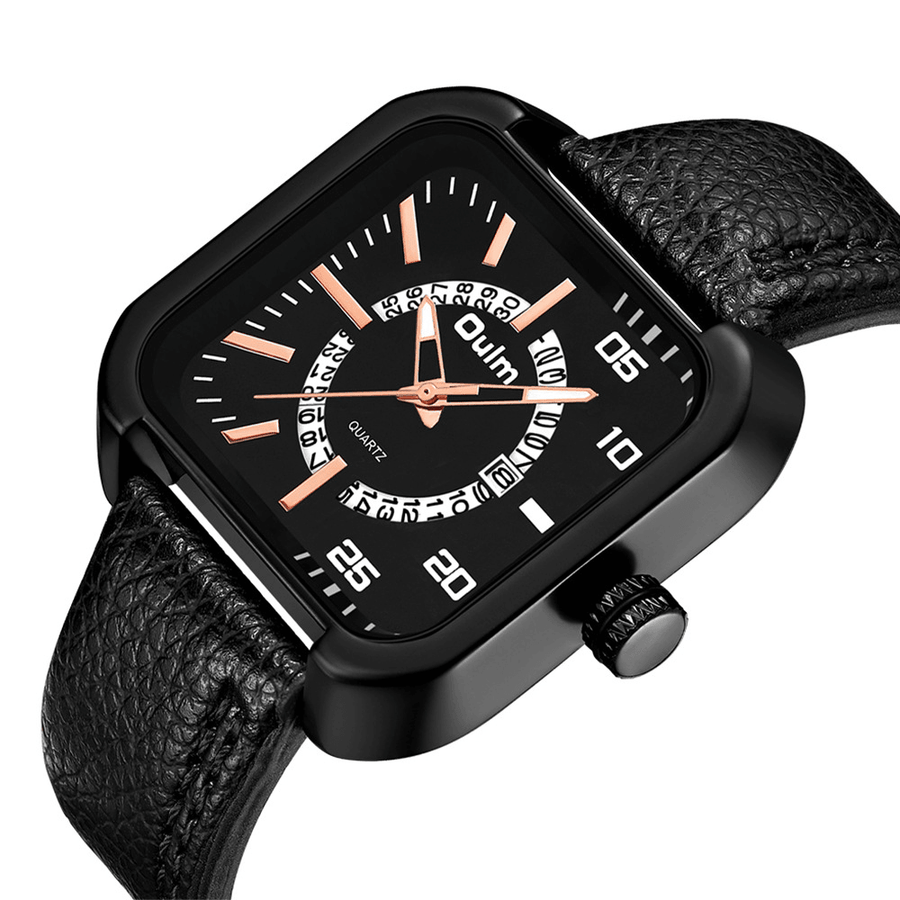 Oulm Square with Calendar Dial PU Leather Strap 3ATM Waterproof Men Quartz Watch - Trendha