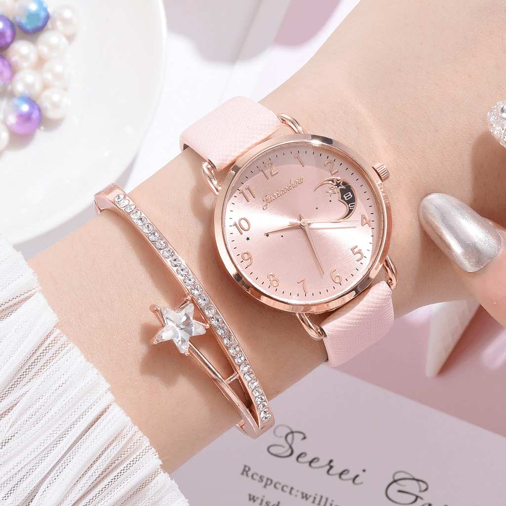 XR4379 Elegant Luxury 2Pcs Watch Set Women Bracelet Quartz Watch Moon Starry Dial Leather Strap Ladies Gift - Trendha