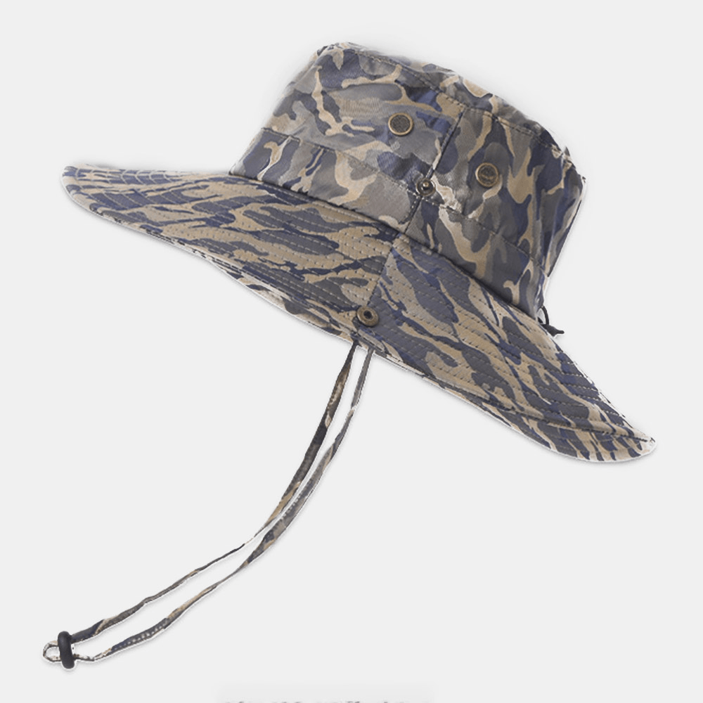 Men Camouflage Big Brim Windproof Rope Outdoor Fishing Climbing Anti-Uv Sunshade Bucket Hat - Trendha