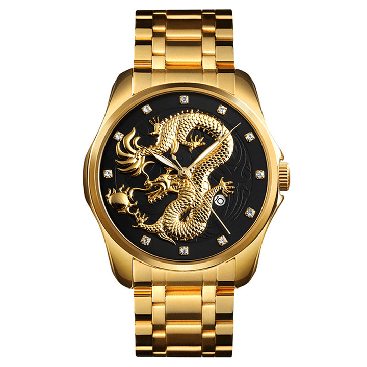 SKMEI 9193 Luxury Chinese Dragon Pattern Golden Waterproof Men Watch Quartz Watch - Trendha