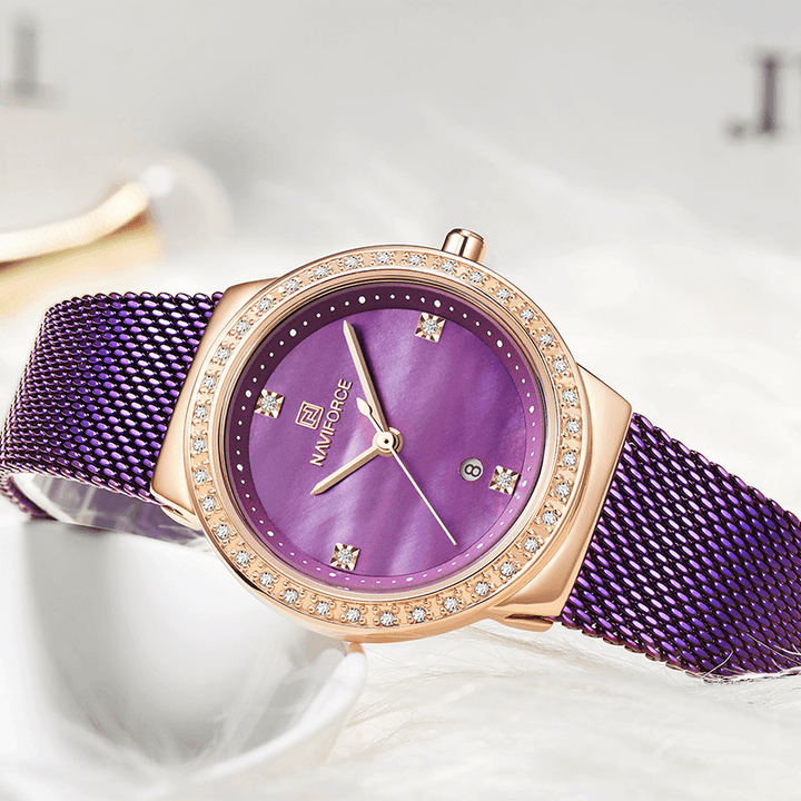 NAVIFORCE 5005 Diamonds Casual Style Ladies Wrist Watch Mesh Steel Date Display Quartz Watch - Trendha