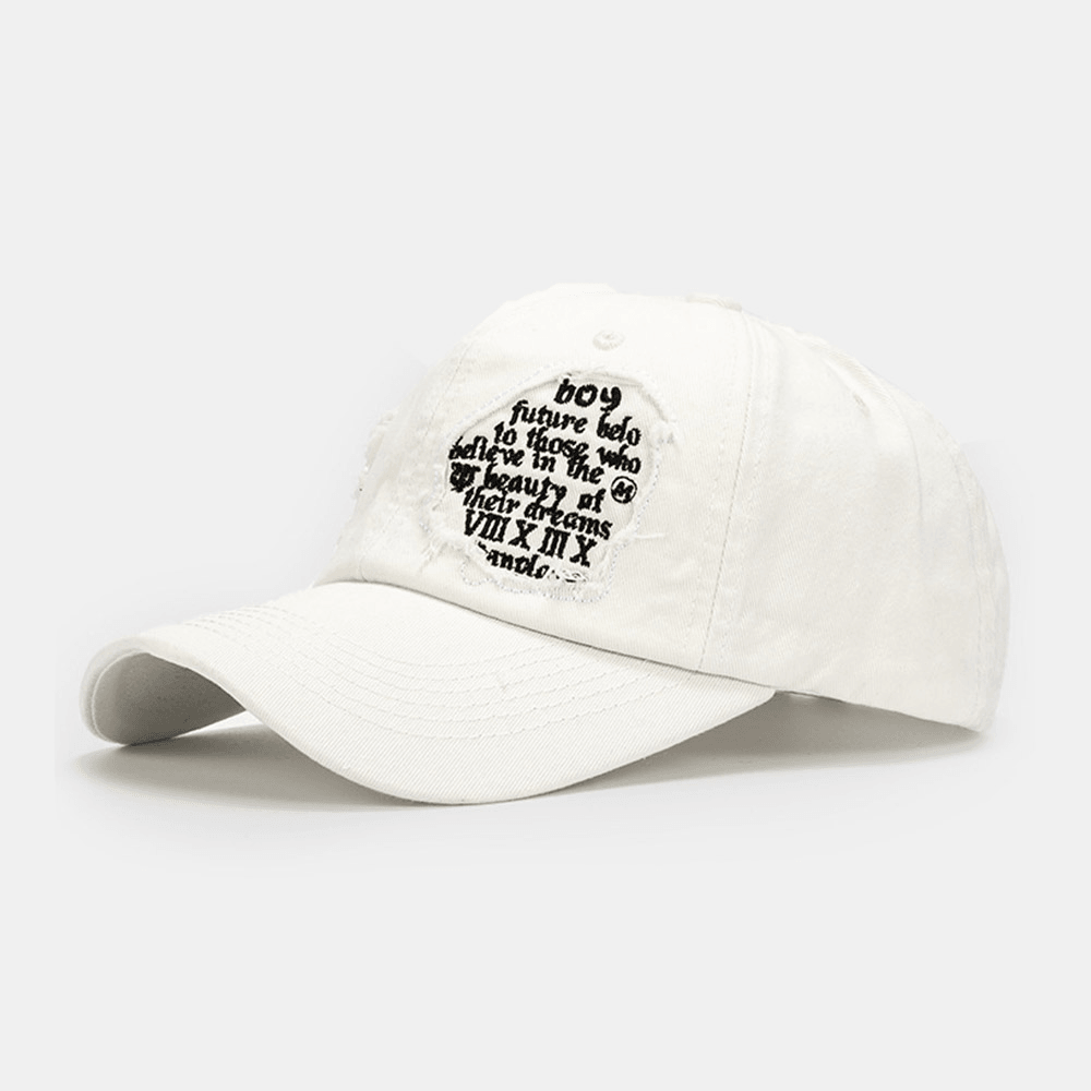 Unisex Broken Hole Baseball Cap Cotton Letters Embroidery All-Match Sunshade Fitted Cap Adjustable Cap - Trendha