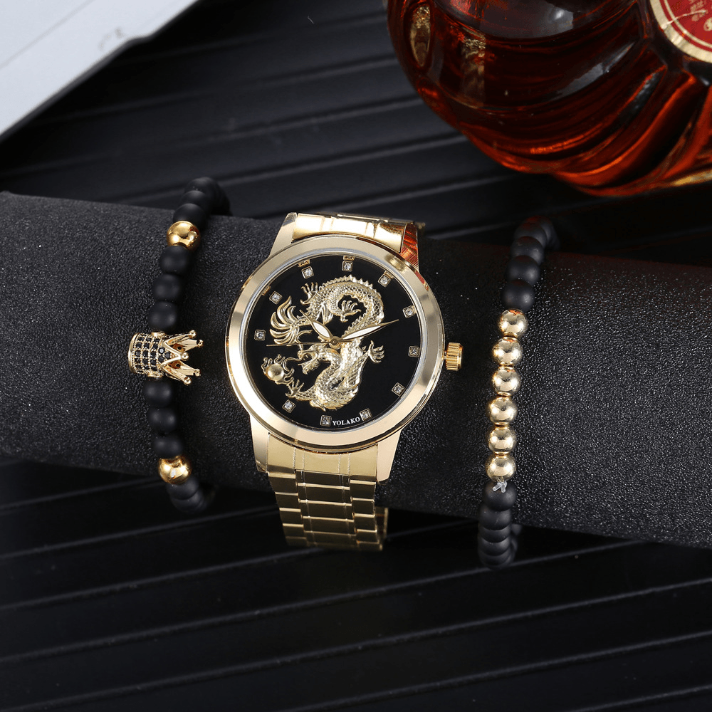 Alloy Stainless Steel Dragon Pattern Men Business Watch Decorated Pointer Quartz Watch Bracelet - Trendha