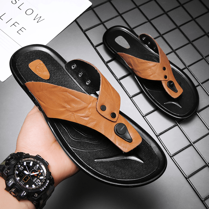 Men Leather Breathable Soft Sole Non Slip Comfy Outdoor Flip Flops Casual Slippers - Trendha