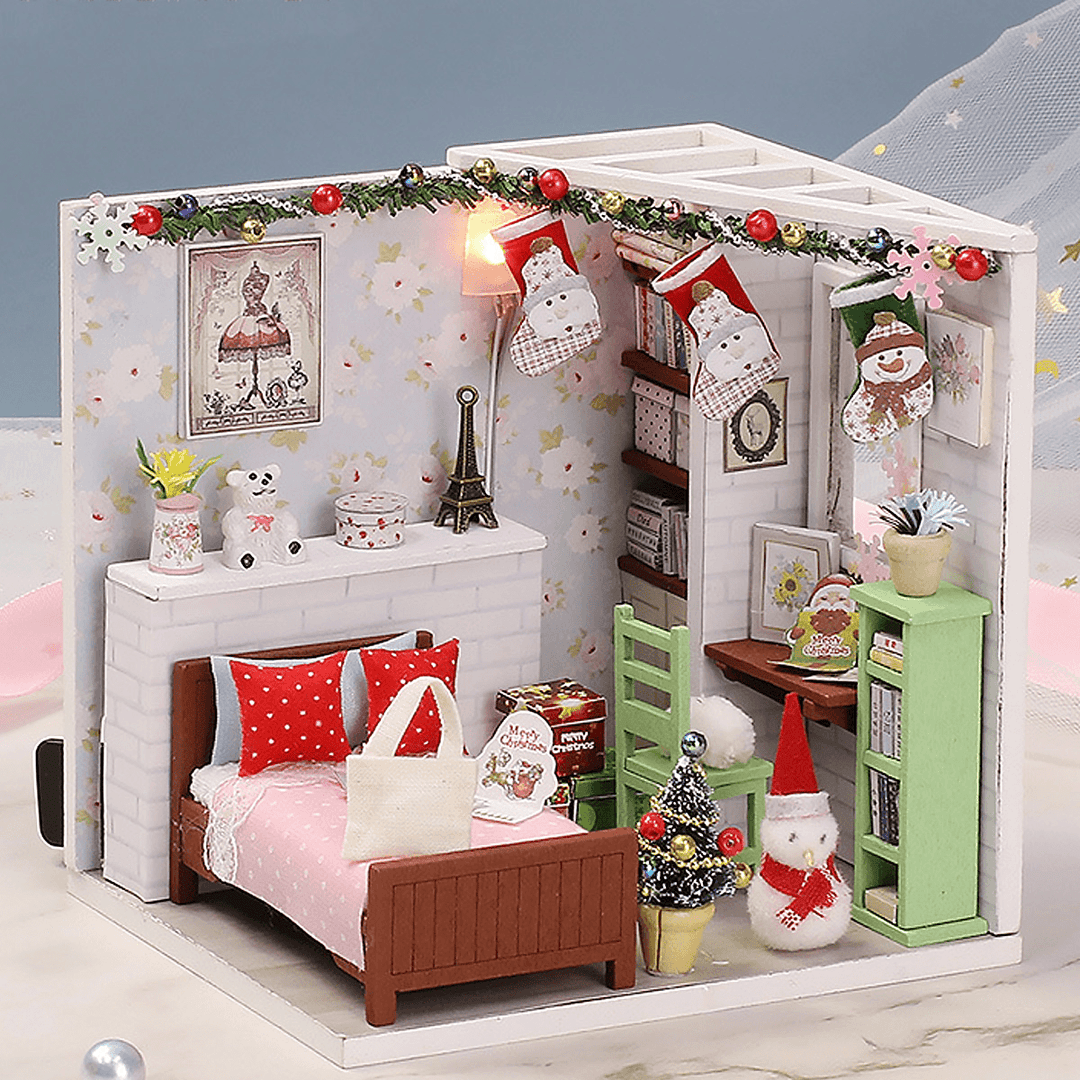 Wooden Bedroom DIY Handmade Assemble Doll House Miniature Furniture Kit Education Toy with LED Light for Collection Birthday Gift - Trendha