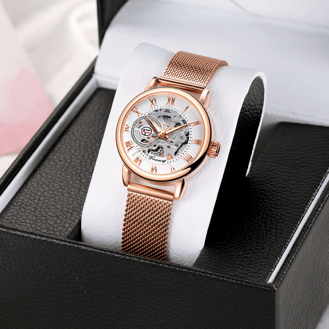 FORSINING FSL8099 Female Automatic Watch Hollow Dial Stainless Steel Strap Women Mechanical Watch - Trendha