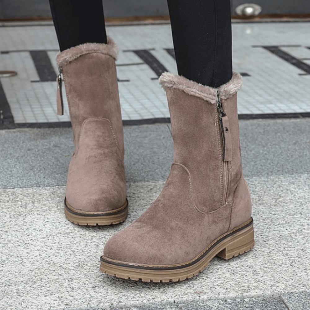 Women Casual Suede round Toe Side Zipper Flat Snow Boots - Trendha