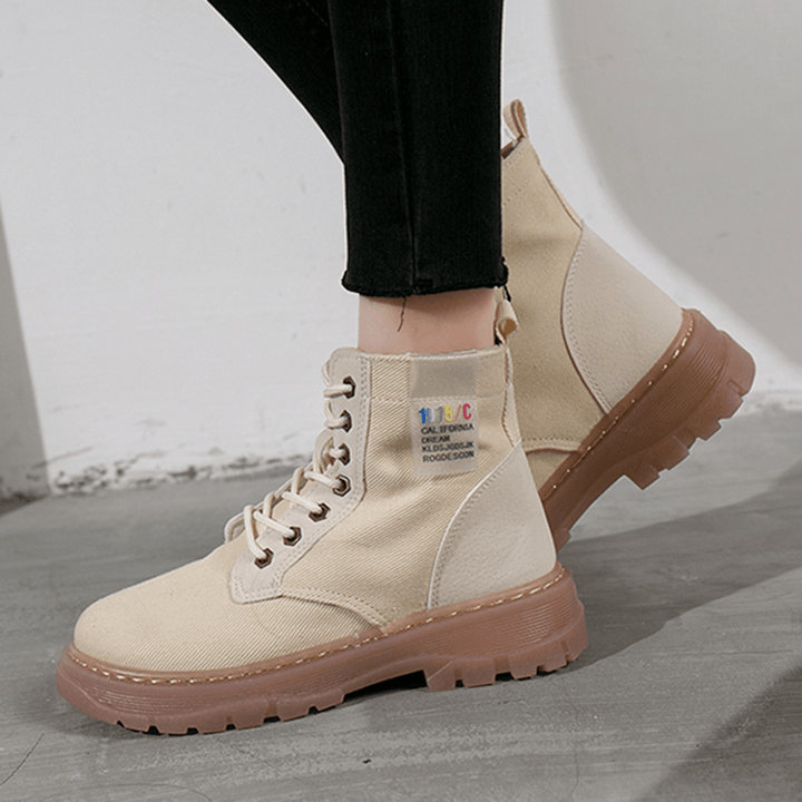 Women Casual Canvas Thick Sole High Top Lace up Combat Boots - Trendha